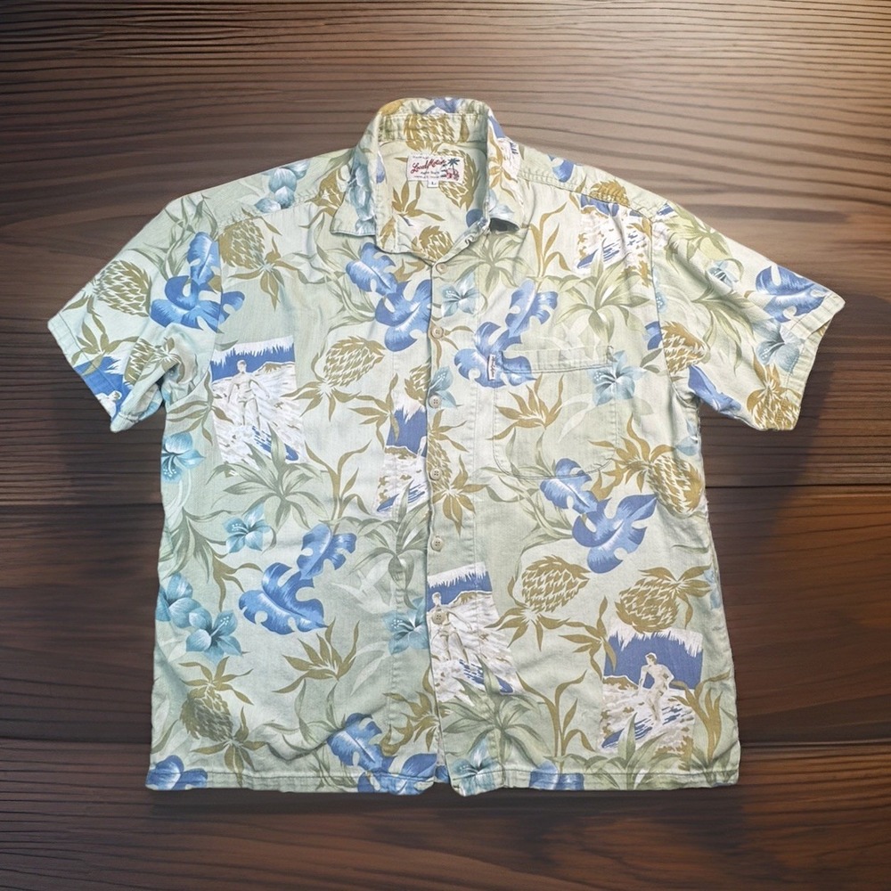 VTG Hawaiian Aloha Shirt‎ Mens Large Surf Line Hawaii Floral Pineapple Tropical